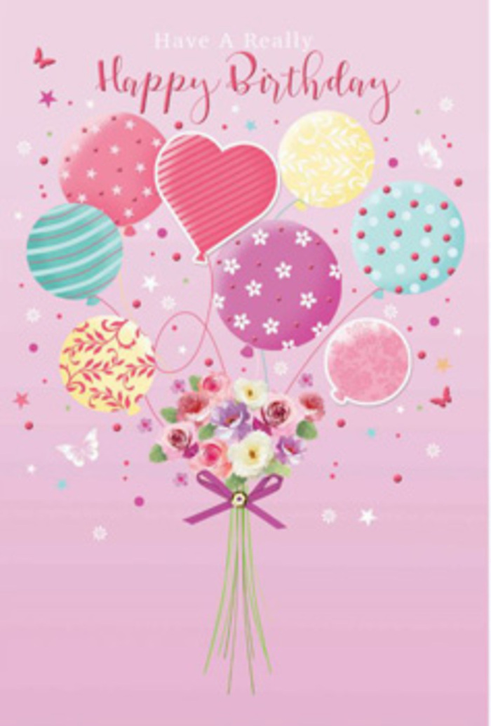 In this softly glowing birthday design, the joy of balloons and the beauty of fresh flowers intertwine, as though lifted on a gentle breeze passing through Motspur Park. The background is a warm, even pink wash, serene and uncluttered, against which the main composition stands out clearly. A bouquet of balloons rises from the centre, painted in calm shades of pastel pink, mint, lavender, and golden yellow. The balloons have a subtle sheen, catching an imagined light that traces their smooth, rounded forms. Each balloon features a unique pattern - whimsical ribbon stripes that wrap around gracefully, scattered dots that feel playful and light-hearted, delicate floral decorations, and a prominent heart-shaped balloon at the centre, hinting at deep affection for the birthday celebrant. The slender strings converge at a charming floral cluster at the base. Here, small roses and daisy-like blooms fill out the bouquet, petals overlapping in creamy whites, blush pinks, and gentle mauves. The flowers appear freshly picked, perhaps gathered from a nearby garden off West Barnes Lane, their scent imagined as sweet but not overpowering. A glossy purple bow secures the stems, its loops and trailing ends suggesting the careful hand of a florist arranging each detail with love. Around the scene, scattered stars and light, fluttering butterflies float like confetti, adding a touch of magic. The overall effect is airy and joyful - an image that feels like a birthday wish made visible, perfectly suited to brighten any celebration in the close-knit community of Motspur Park.