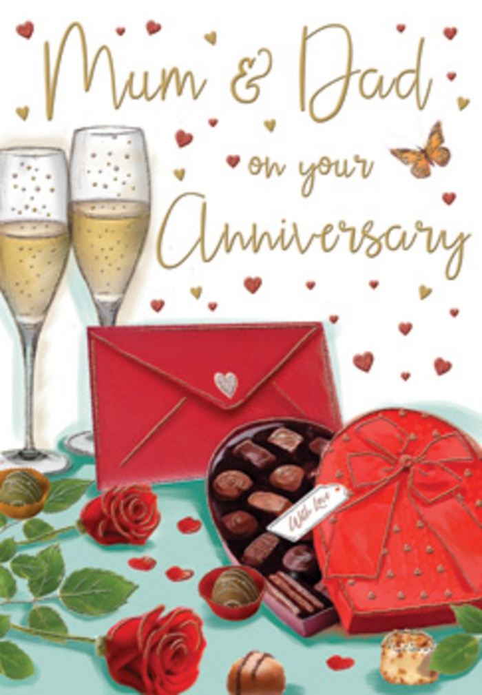 Elegant anniversary card illustration created with a sense of homely romance, perfectly suited to a Mum and Dad celebration in Motspur Park. The composition is built around a small but lavish still life: two red roses, fully bloomed, are placed lengthwise along the bottom of the scene, their petals deeply layered in shades of ruby and scarlet, shaded to show depth and softness. Each rose is encircled by rich, dark green leaves that curve outward, as though freshly cut from a bouquet and laid gently on the table. Above them, an open heart-shaped box of chocolates captures the eye, its lid slightly pushed back so that neat rows of assorted chocolates can be seen. Some are round, others squared or filled, each tucked into its individual paper niche, giving the impression of variety and indulgence. Tied around the box is a wide red ribbon, forming a luxuriant bow whose satin sheen is picked up by small highlights, mirroring the soft interior lighting of a Motspur Park living room. Behind this sits a pair of champagne flutes, tall and slender, their clear glass catching reflections from the surrounding colours. The flutes are filled with sparkling golden wine, fine bubbles rising in delicate lines that seem to twinkle. Floating above the entire arrangement are scattered hearts in bright crimson and muted gold, arranged in a loose spiral that draws the viewer's gaze to the inscription "Mum & Dad," written in an easy, flowing script that feels intimate and personal. To the front edge, a striking scarlet envelope lies on the tabletop, sealed and slightly askew, as though just placed down after being lovingly written. The overall palette of reds, golds, and creamy neutrals, combined with soft shadows and gentle highlights, lends the card an inviting glow, invoking the snug feeling of an anniversary evening in Motspur Park where cherished memories, shared treats, and simple gestures come together to honour lasting love.
