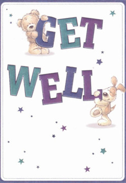There's a sense of uncomplicated cheer and warmth in this delightful get well card, much like the fresh bouquets regularly shared throughout Motspur Park. The artwork features two lovable characters: a gentle teddy bear clutching the top of the word 'GET' and a vivacious puppy nestled against 'WELL,' their features drawn with such charm and expressiveness that one feels an immediate spark of hope. The typographic palette of deep teal and amethyst pops arrestingly against the crisp, white backdrop, evoking the tranquil clarity of Motspur Park itself. Lightly scattered clusters of starbursts glisten across the card, echoing the twinkle of sunlight over the nearby recreation grounds. The artists' attention to tactile details-the suggestion of plush fur and floppy, comforting ears-offers a near tangible comfort, much like the care felt in a florist's hands. Just as Motspur Park Florist thoughtfully selects every stem for a get well arrangement, so every element on this card is crafted to provide genuine uplift and reassurance, ideal for supporting a loved one's recovery in the heart of our local community.