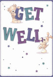 This cheerful get well card radiates playful energy and the gentle optimism at the heart of Motspur Park's community. The design centers on two lovable characters-a teddy bear, with inviting, fuzzy fur, and a puppy with long, soft ears-poised in dynamic positions, holding and balancing the oversized, colourful 'Get Well' message. Indigo and blue-green text creates lively contrast against the creamy white card, drawing the eye in much as a vibrant bouquet would from the window of a Motspur Park florist. Dotted stars in aquamarine and violet drift across the scene, lending it an aura of hope and possibility, much like a stroll past the flower stalls by the railway station. The overall impression is one of tactile warmth and comfort, as if the card and its playful friends were sent together with a handpicked bouquet-offering genuine care, lightness, and the promise of brighter days to come across Motspur Park, from West Barnes to Crescent Gardens.