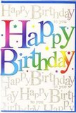A joyful birthday card fills the frame of this image, its design blending vivid colour with understated luxury, much like a carefully chosen present for a celebration in Motspur Park. The central focus is the phrase "Happy Birthday," displayed in large, welcoming letters that stretch from left to right with a slight upward curve, giving the feeling of a smile. Each letter carries its own colour, arranged in a continuous rainbow that travels from deep, almost velvety red through bright orange, sunshine yellow, lively green, aqua, rich blue, and into a soft purple. The hues transition fluidly, with just enough blending to create harmony without losing the crispness of each form. Surrounding the main lettering, tiny multicoloured stars and dots hover like confetti caught mid-air, adding a light, festive movement to the composition. Behind this, the background is gently patterned with rows of flowing golden script, the words "Happy Birthday to you" written over and over in slender, looping handwriting. The metallic gold ink shimmers subtly when light hits it, giving the impression of a quiet glow rather than a bold glitter, similar to evening light reflecting on shopfronts near Motspur Park station. The card's surface appears smooth and slightly glossy, with a clean white border that frames the design neatly. Every element-from the balanced spacing of the letters to the restrained use of sparkle-suggests thoughtful design, making this card an appealing partner to a bright birthday bouquet, whether it's being delivered locally or presented in person at a gathering in the neighbourhood.