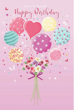 This whimsical birthday artwork portrays a bouquet that appears to float in mid-air, as if just released during a cheerful gathering in Motspur Park. The entire scene is framed by a soft rose-pink background, smooth and calming, that allows the colours and shapes to gently shine. At the top, a cluster of balloons in pastel tones rises upward - delicate shades of blush, mint, lilac, and pale yellow blending in a soothing palette. Some balloons swirl with candy-like stripes, others sparkle with polka dots, and a central heart-shaped balloon adds a tender note of affection, making the design feel especially personal. Tied to the ends of all the strings is a compact hand-tied bouquet of fresh flowers. Petite roses and daisy-style blossoms nestle together in hues of creamy ivory, blush pink, and muted mauve, their petals softly ruffled and full, as though just cut and arranged by a local florist for a birthday surprise on Burlington Road. The stems are wrapped by a neat violet bow, its satin surface catching the light along its folds and tails. Around the arrangement, tiny stars and delicate butterflies appear to drift, suggesting movement and the lightness of a happy wish carried on the breeze. The lighting is gentle and even, creating a natural glow on each petal and a subtle shine on the balloons. Together, the elements form a sweet, uplifting birthday scene that feels both playful and lovingly considered, perfectly echoing the cosy, friendly character of Motspur Park celebrations.