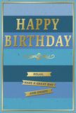 The birthday card pictured here blends soothing colour with subtle luxury, creating a design that feels both modern and timeless. Its background is composed of wide horizontal stripes, each stripe a different shade of blue that flows almost seamlessly into the next. At the top, a deep navy band sets a calm foundation, followed by layers of rich sapphire, relaxed denim and cool teal, finally easing into a pale, airy blue toward the bottom edge. The progression of tones is reminiscent of watching the changing sky over the open green spaces of Motspur Park throughout the day. Centered in the upper half of the card, the words "HAPPY BIRTHDAY" appear in bold, embossed gold capitals. The letters are raised and slightly rounded, so that their metallic surface catches the light and adds a warm, gentle shine that stands out against the matte blues. Directly below this main greeting, a slender gold flourish runs horizontally, curling delicately at each end like an elegant pen stroke. Beneath that flourish, three small golden banners are stacked in a neat column, each banner embossed with part of a friendly message that together reads: "Relax, have a great day and enjoy!" The banners mirror the gold of the text above, tying the visual elements together. A fine gold border surrounds the entire card, reinforcing the sense of structure and care in the design, much like the way a florist's careful wrapping completes a bouquet. The card feels substantial yet gentle in mood, an ideal companion to a vase of fresh birthday flowers arranged for delivery to homes and workplaces around Motspur Park, where simple, heartfelt gestures often mean the most.